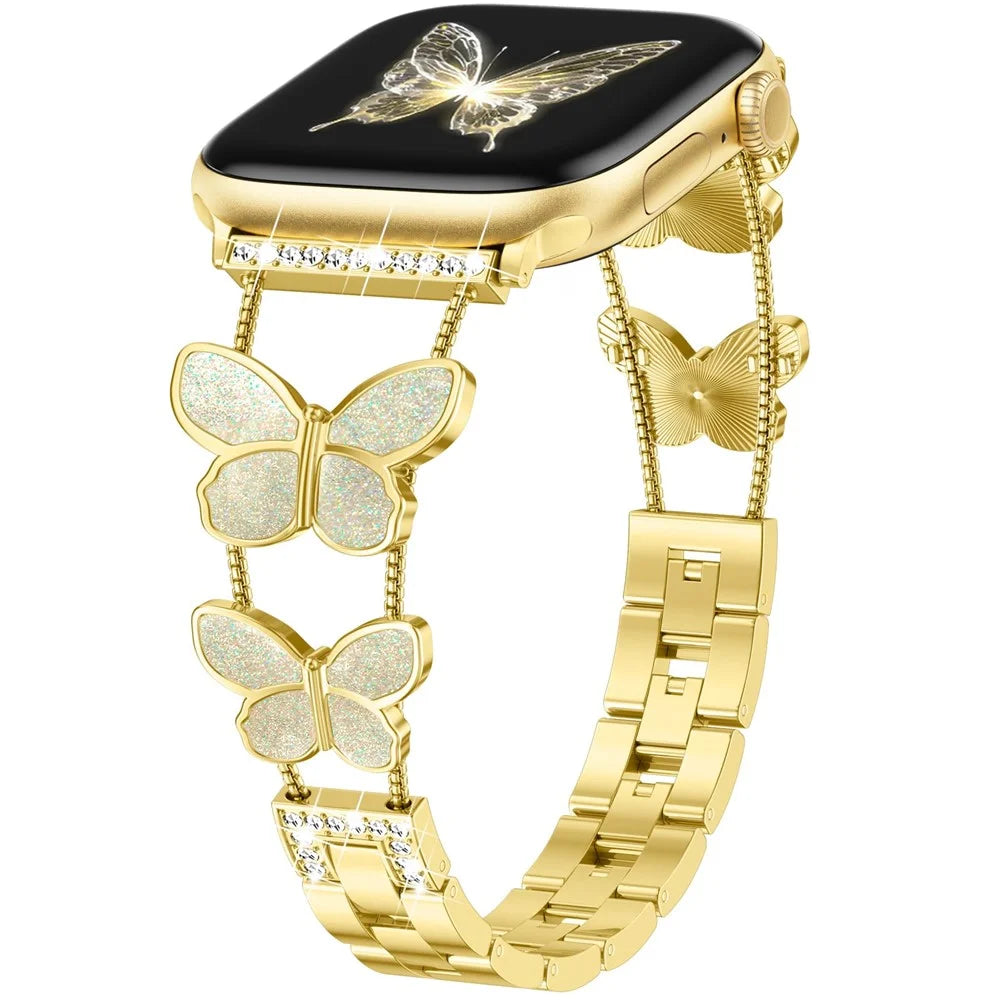 Zinc Alloy Bands For Apple Watch Ultra 3 2 1 49mm / Series 11 10 46mm / 9 8 7 45mm / SE3 SE2 SE 6 5 4 44mm / 3 2 1 42mm Double Butterfly Chain Strap - Gold  /  Glitter - 2