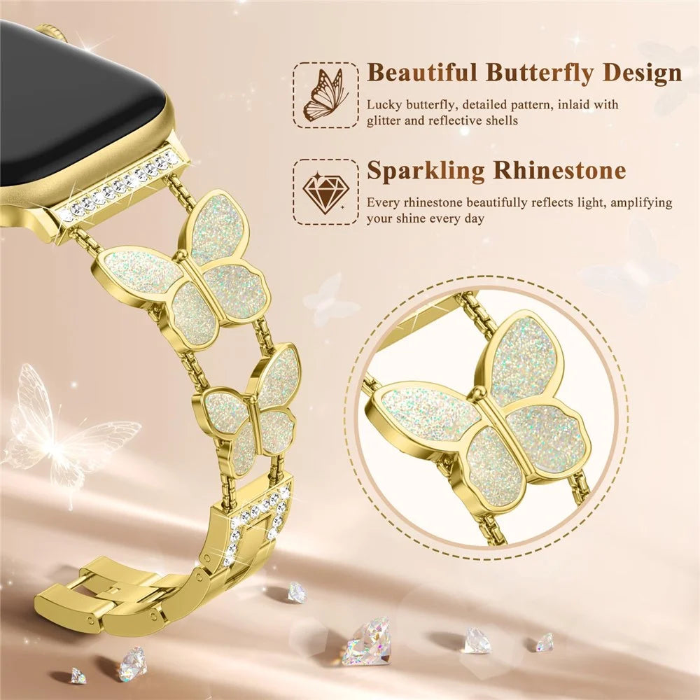Zinc Alloy Bands For Apple Watch Ultra 3 2 1 49mm / Series 11 10 46mm / 9 8 7 45mm / SE3 SE2 SE 6 5 4 44mm / 3 2 1 42mm Double Butterfly Chain Strap - Gold  /  Glitter - 3