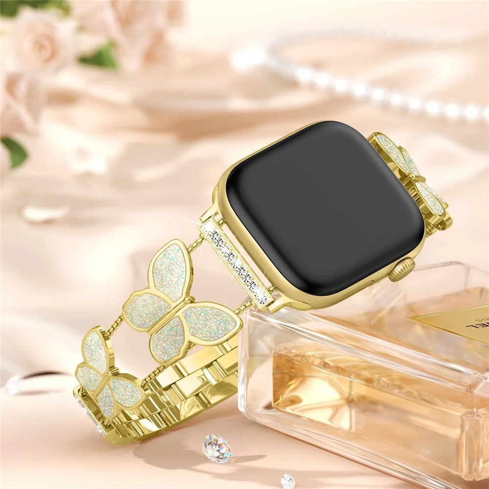 Zinc Alloy Bands For Apple Watch Ultra 3 2 1 49mm / Series 11 10 46mm / 9 8 7 45mm / SE3 SE2 SE 6 5 4 44mm / 3 2 1 42mm Double Butterfly Chain Strap - Gold  /  Glitter - 4