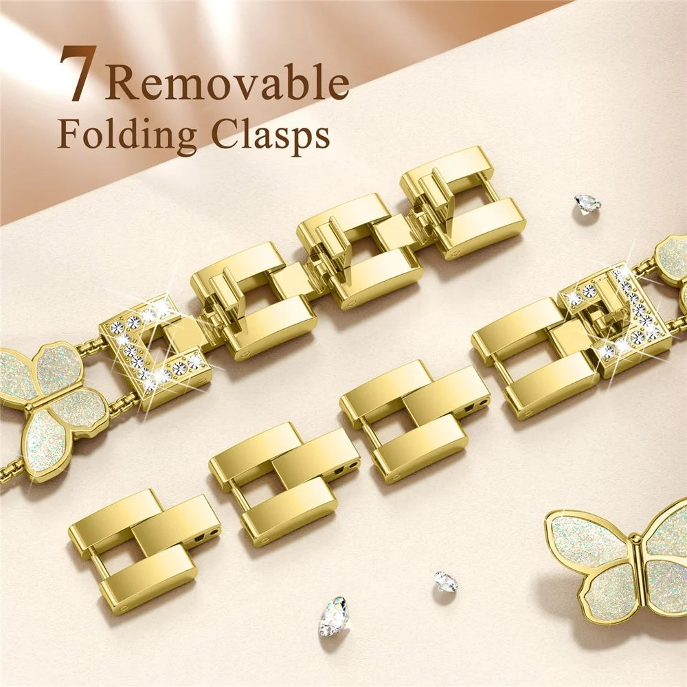 Zinc Alloy Bands For Apple Watch Ultra 3 2 1 49mm / Series 11 10 46mm / 9 8 7 45mm / SE3 SE2 SE 6 5 4 44mm / 3 2 1 42mm Double Butterfly Chain Strap - Gold  /  Glitter - 5
