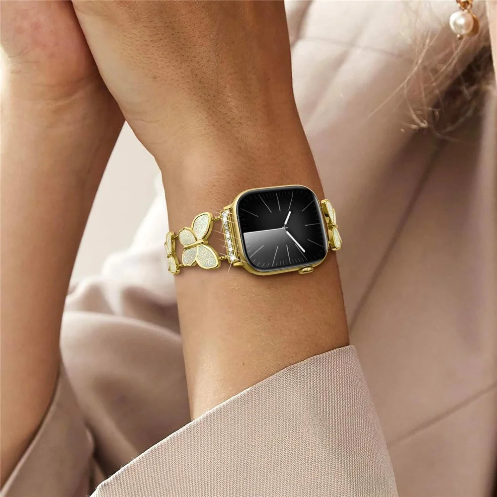 Zinc Alloy Bands For Apple Watch Ultra 3 2 1 49mm / Series 11 10 46mm / 9 8 7 45mm / SE3 SE2 SE 6 5 4 44mm / 3 2 1 42mm Double Butterfly Chain Strap - Gold  /  Glitter - 6