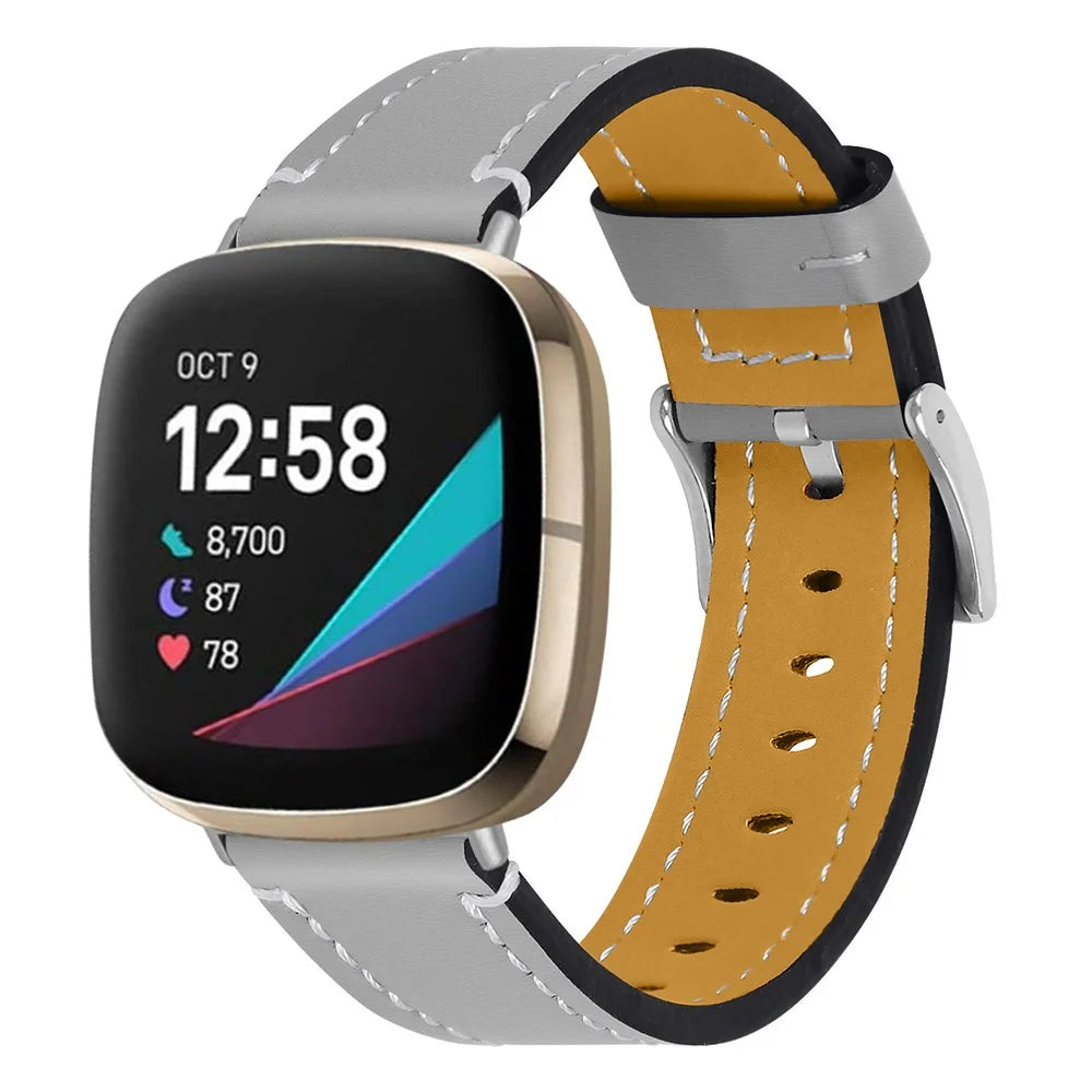 Replacement Genuine Leather Smart Watch Strap Cowhide Wrist Band for Fitbit Versa 3/Sense - Grey - 2