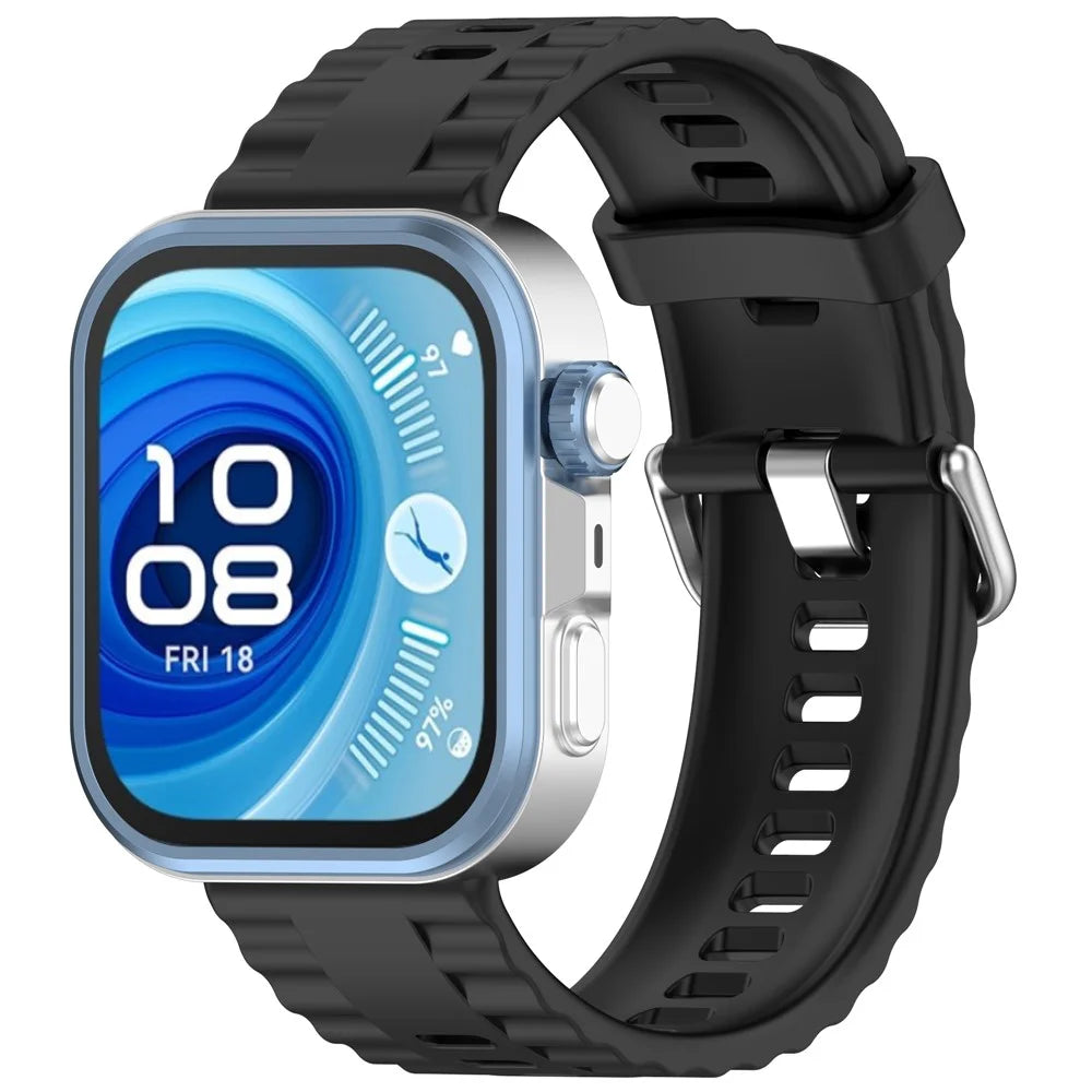Silicone Strap with Silver Buckle for Huawei Watch Fit 4 Pro / 4 / 3 Breathable Watch Band - Black - 3