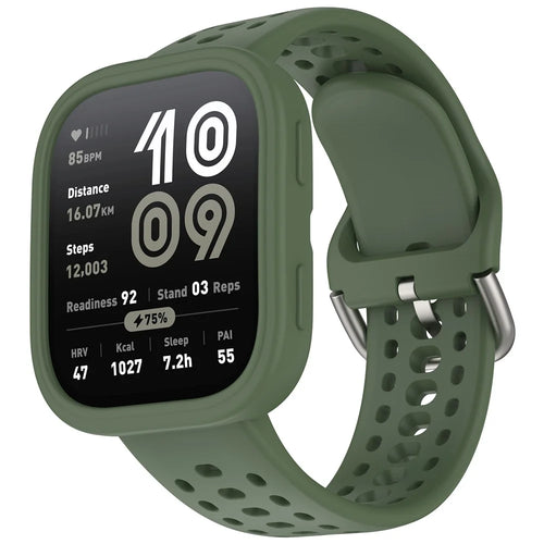 For Huami Amazfit Bip 6 A2435 Silicone Breathable Watch Band + Protective Case - Dark Green - 1