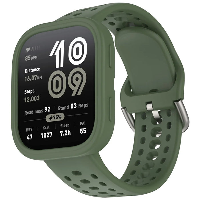For Huami Amazfit Bip 6 A2435 Silicone Breathable Watch Band + Protective Case - Dark Green - 1