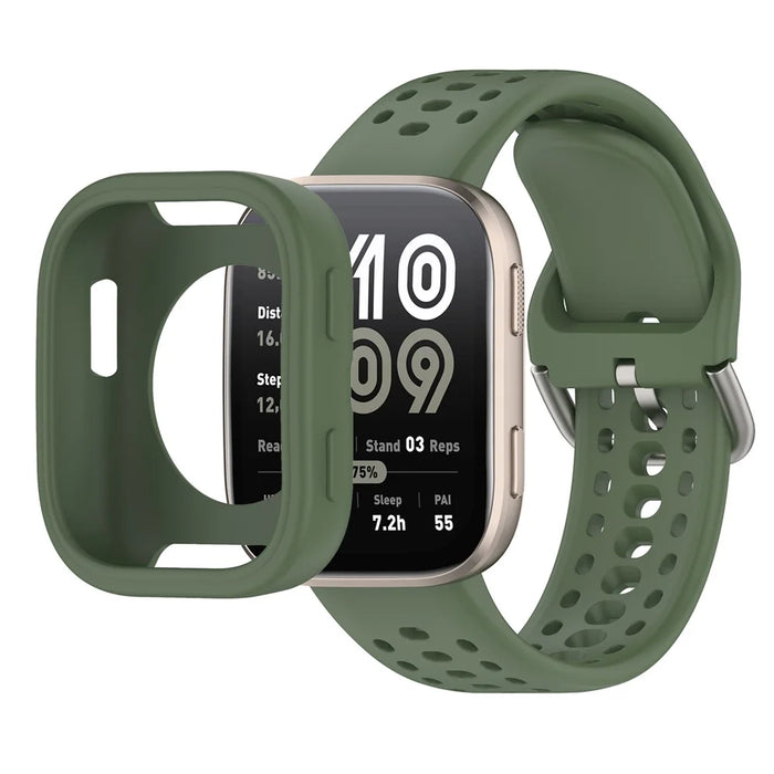 For Huami Amazfit Bip 6 A2435 Silicone Breathable Watch Band + Protective Case - Dark Green - 2