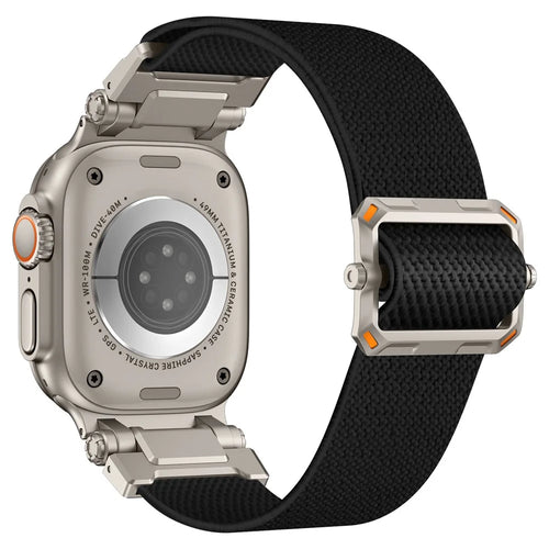 Wrist Band for Apple Watch Ultra 3 2 1 49mm / Series 11 10 46mm / 9 8 7 45mm / SE3 SE2 SE 6 5 4 44mm / 3 2 1 42mm Titanium Color Metal Connector Nylon Watch Strap - Black - 1