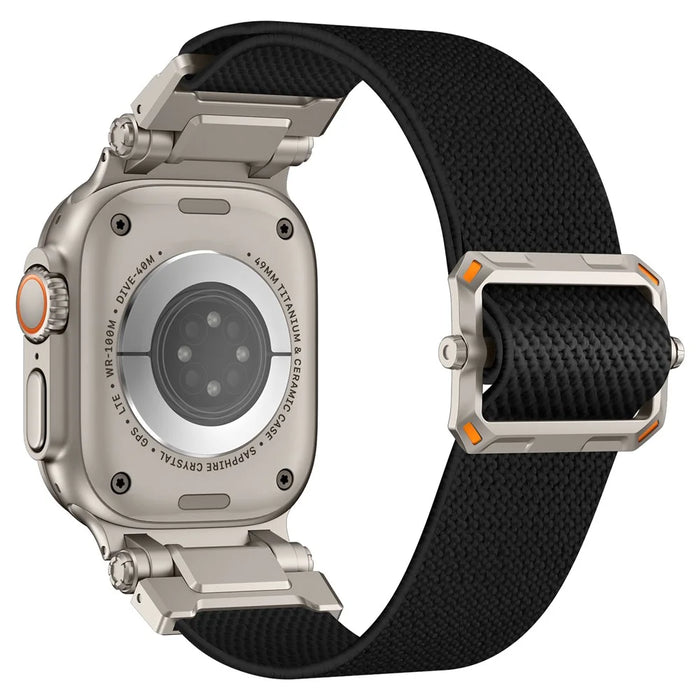 Wrist Band for Apple Watch Ultra 3 2 1 49mm / Series 11 10 46mm / 9 8 7 45mm / SE3 SE2 SE 6 5 4 44mm / 3 2 1 42mm Titanium Color Metal Connector Nylon Watch Strap - Black - 1