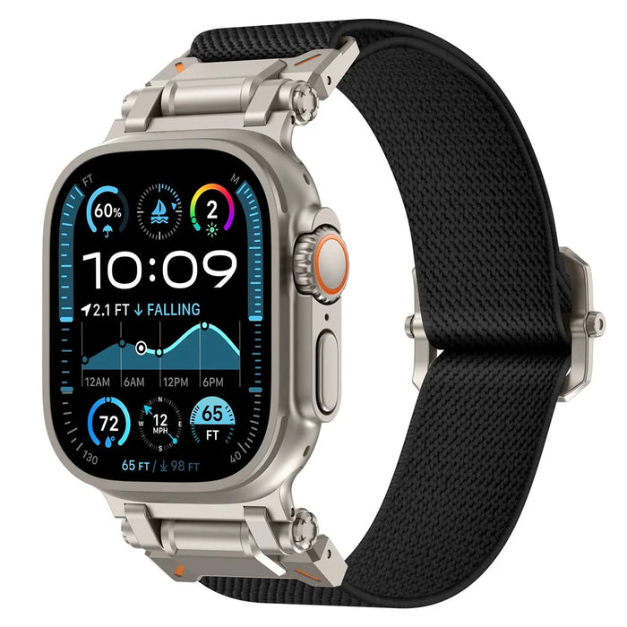 Wrist Band for Apple Watch Ultra 3 2 1 49mm / Series 11 10 46mm / 9 8 7 45mm / SE3 SE2 SE 6 5 4 44mm / 3 2 1 42mm Titanium Color Metal Connector Nylon Watch Strap - Black - 2