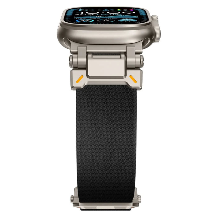 Wrist Band for Apple Watch Ultra 3 2 1 49mm / Series 11 10 46mm / 9 8 7 45mm / SE3 SE2 SE 6 5 4 44mm / 3 2 1 42mm Titanium Color Metal Connector Nylon Watch Strap - Black - 3