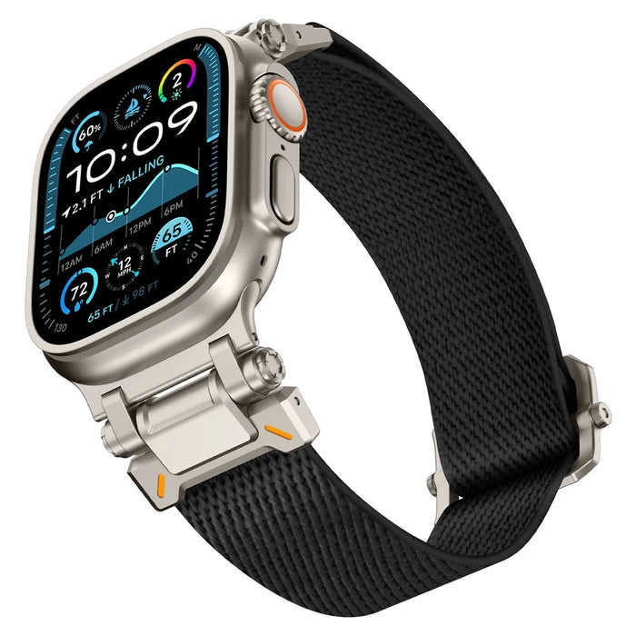 Wrist Band for Apple Watch Ultra 3 2 1 49mm / Series 11 10 46mm / 9 8 7 45mm / SE3 SE2 SE 6 5 4 44mm / 3 2 1 42mm Titanium Color Metal Connector Nylon Watch Strap - Black - 6