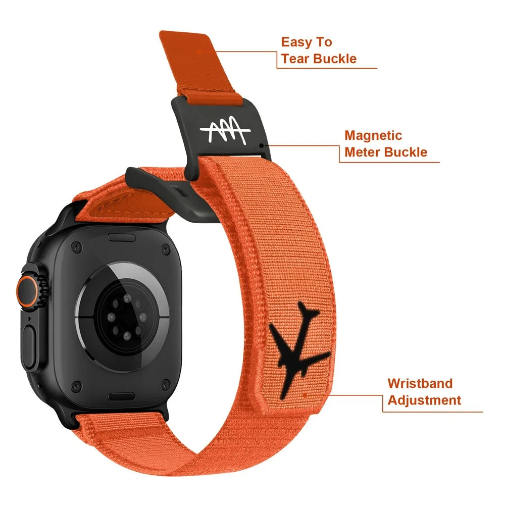 Replacement Strap for Apple Watch Ultra 3 2 1 49mm / Series 11 10 46mm / 9 8 7 45mm / SE3 SE2 SE 6 5 4 44mm / 3 2 1 42mm Magnetic Buckle Nylon Watch Band - Orange / Black - 2