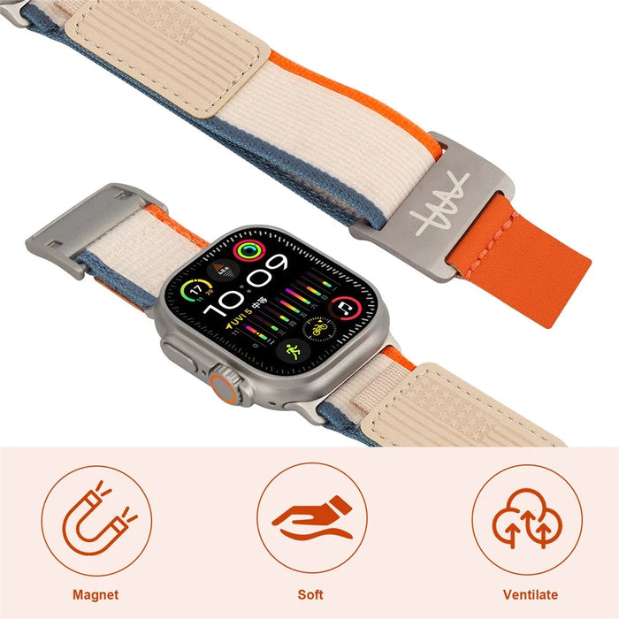 Watch Band For For Apple Watch Ultra 3 2 1 49mm / Series 11 10 46mm / 9 8 7 45mm / SE3 SE2 SE 6 5 4 44mm / 3 2 1 42mm Magnetic Buckle Nylon Strap - Orange Beige  /  Black - 4