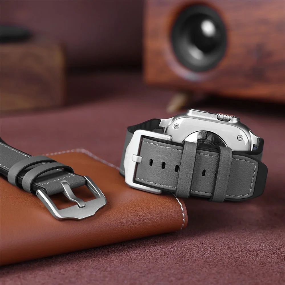 Wrist Strap for Apple Watch Series 11 10 42mm / 9 87 41mm / SE3 SE2 SE 6 5 4 40mm / 3 2 1 38mm Silicone + Leather Covered Watch Band - Dark Grey - 4