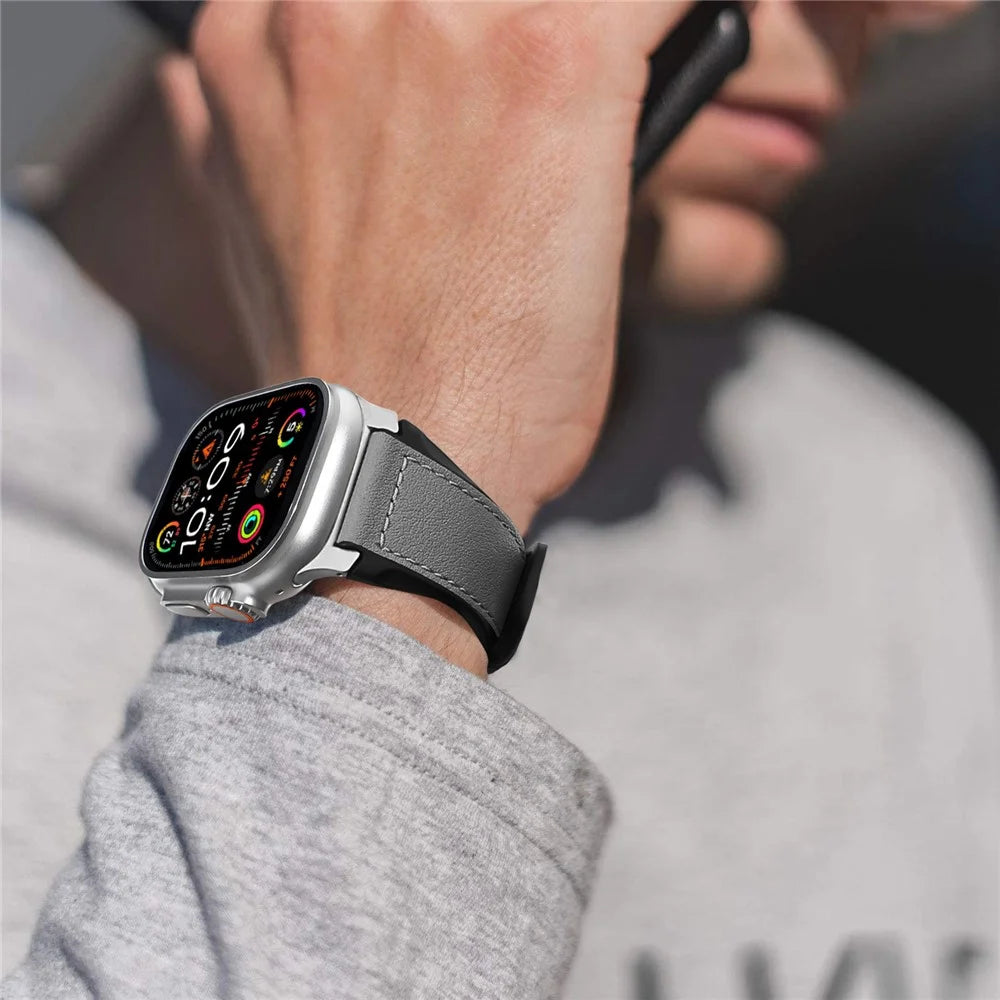 Wrist Strap for Apple Watch Series 11 10 42mm / 9 87 41mm / SE3 SE2 SE 6 5 4 40mm / 3 2 1 38mm Silicone + Leather Covered Watch Band - Dark Grey - 6