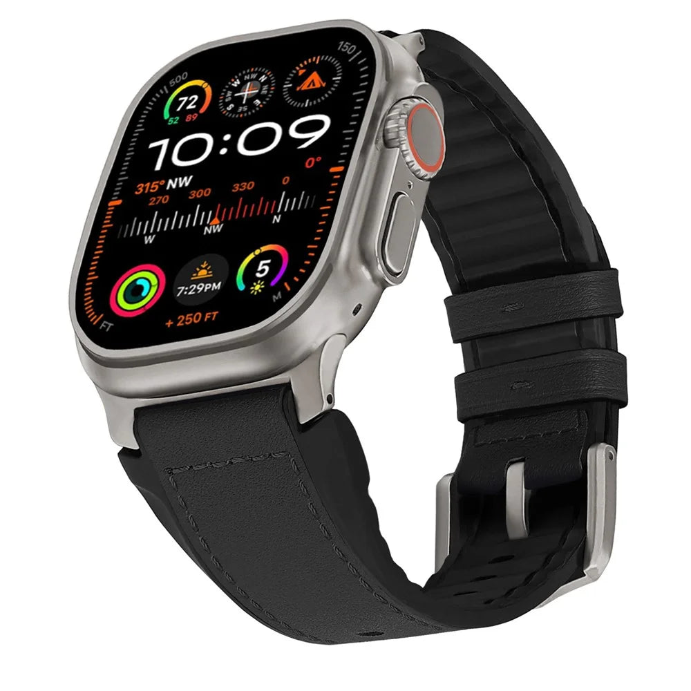 Wrist Strap for Apple Watch Ultra 3 2 1 49mm / Series 11 10 46mm / 9 8 7 45mm / SE3 SE2 SE 6 5 4 44mm / 3 2 1 42mm Silicone + Leather Covered Watch Band - Black - 2