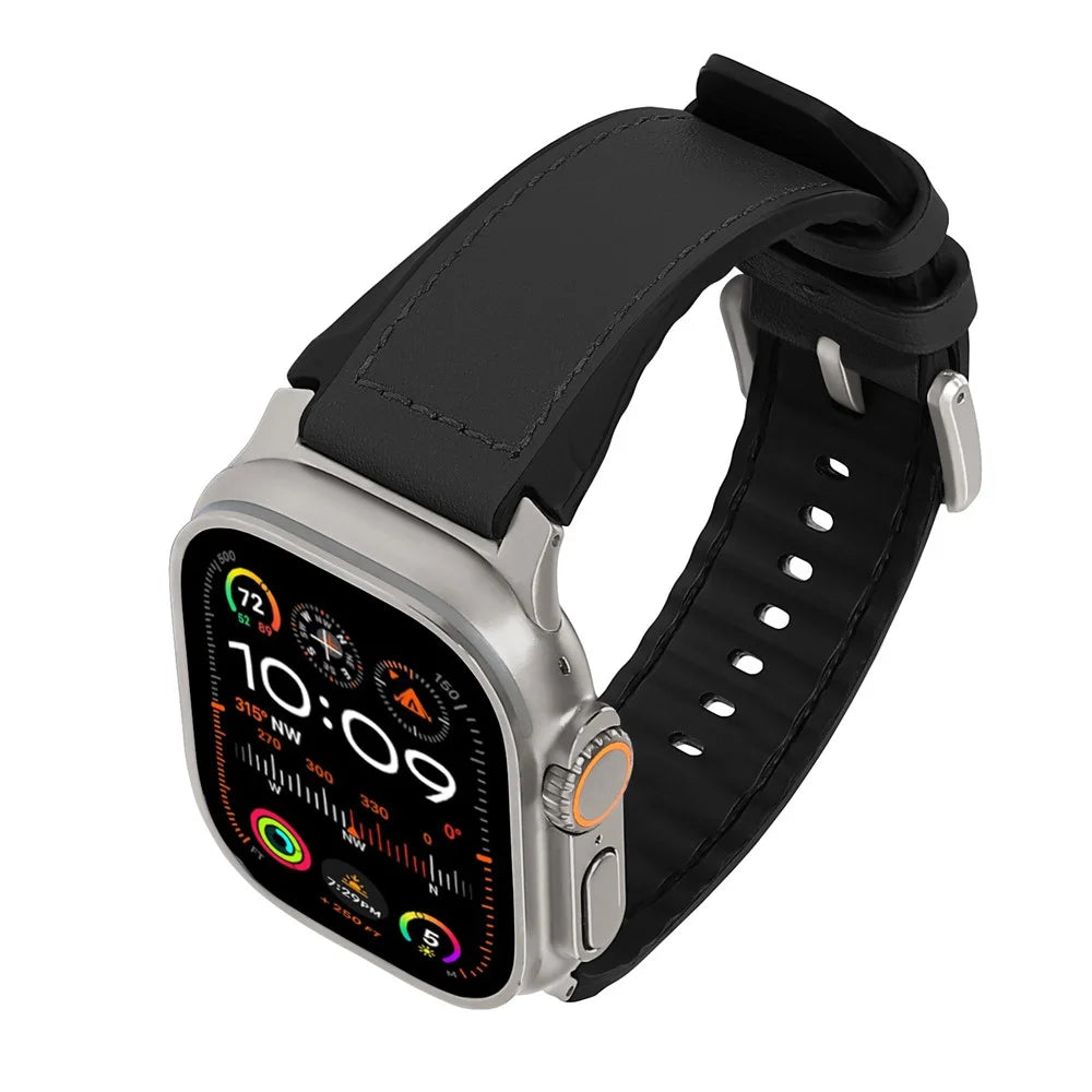 Wrist Strap for Apple Watch Ultra 3 2 1 49mm / Series 11 10 46mm / 9 8 7 45mm / SE3 SE2 SE 6 5 4 44mm / 3 2 1 42mm Silicone + Leather Covered Watch Band - Black - 3