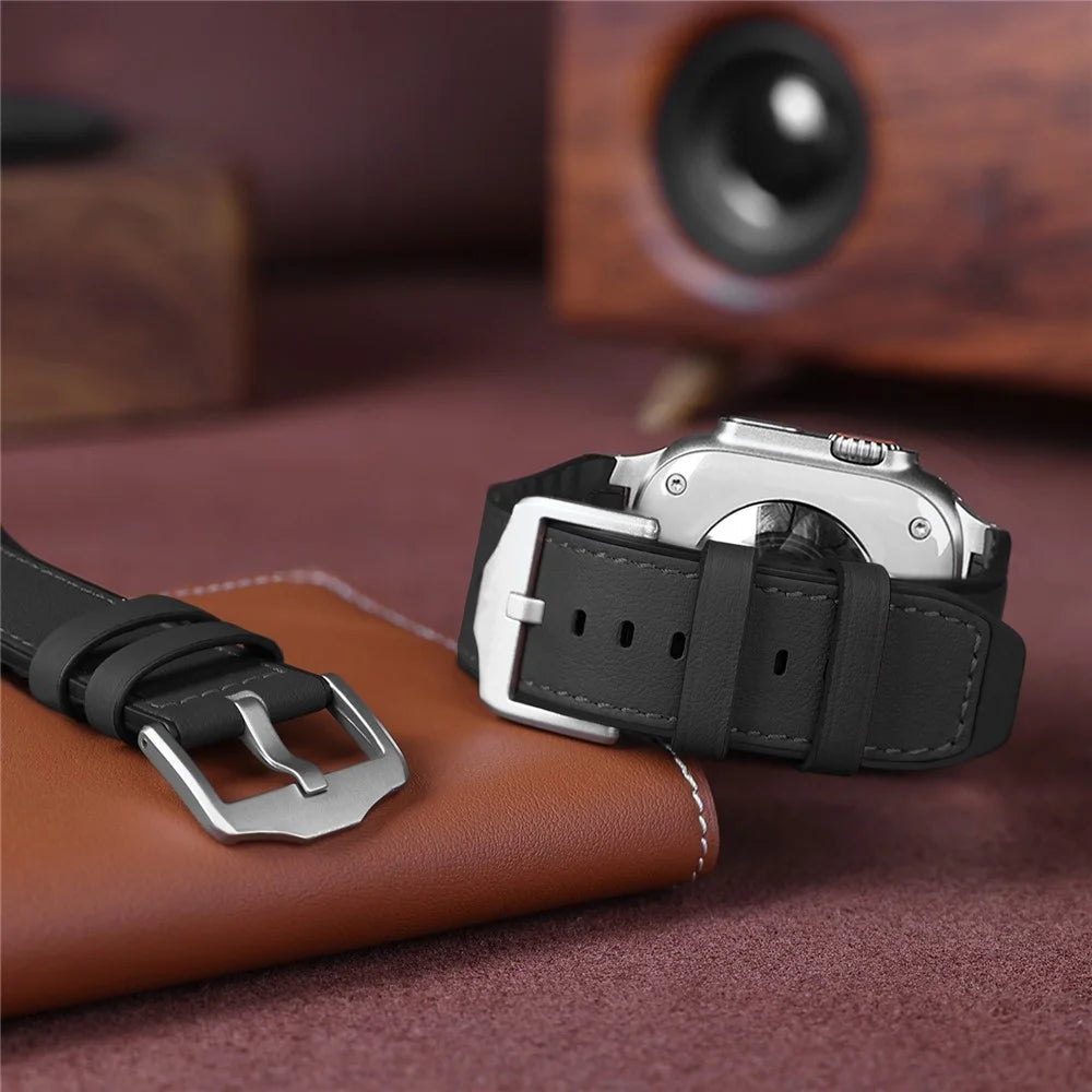 Wrist Strap for Apple Watch Ultra 3 2 1 49mm / Series 11 10 46mm / 9 8 7 45mm / SE3 SE2 SE 6 5 4 44mm / 3 2 1 42mm Silicone + Leather Covered Watch Band - Black - 4