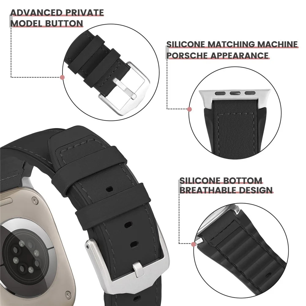 Wrist Strap for Apple Watch Ultra 3 2 1 49mm / Series 11 10 46mm / 9 8 7 45mm / SE3 SE2 SE 6 5 4 44mm / 3 2 1 42mm Silicone + Leather Covered Watch Band - Black - 5