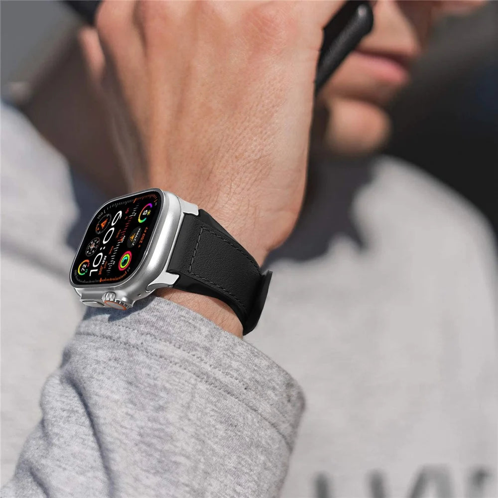 Wrist Strap for Apple Watch Ultra 3 2 1 49mm / Series 11 10 46mm / 9 8 7 45mm / SE3 SE2 SE 6 5 4 44mm / 3 2 1 42mm Silicone + Leather Covered Watch Band - Black - 6