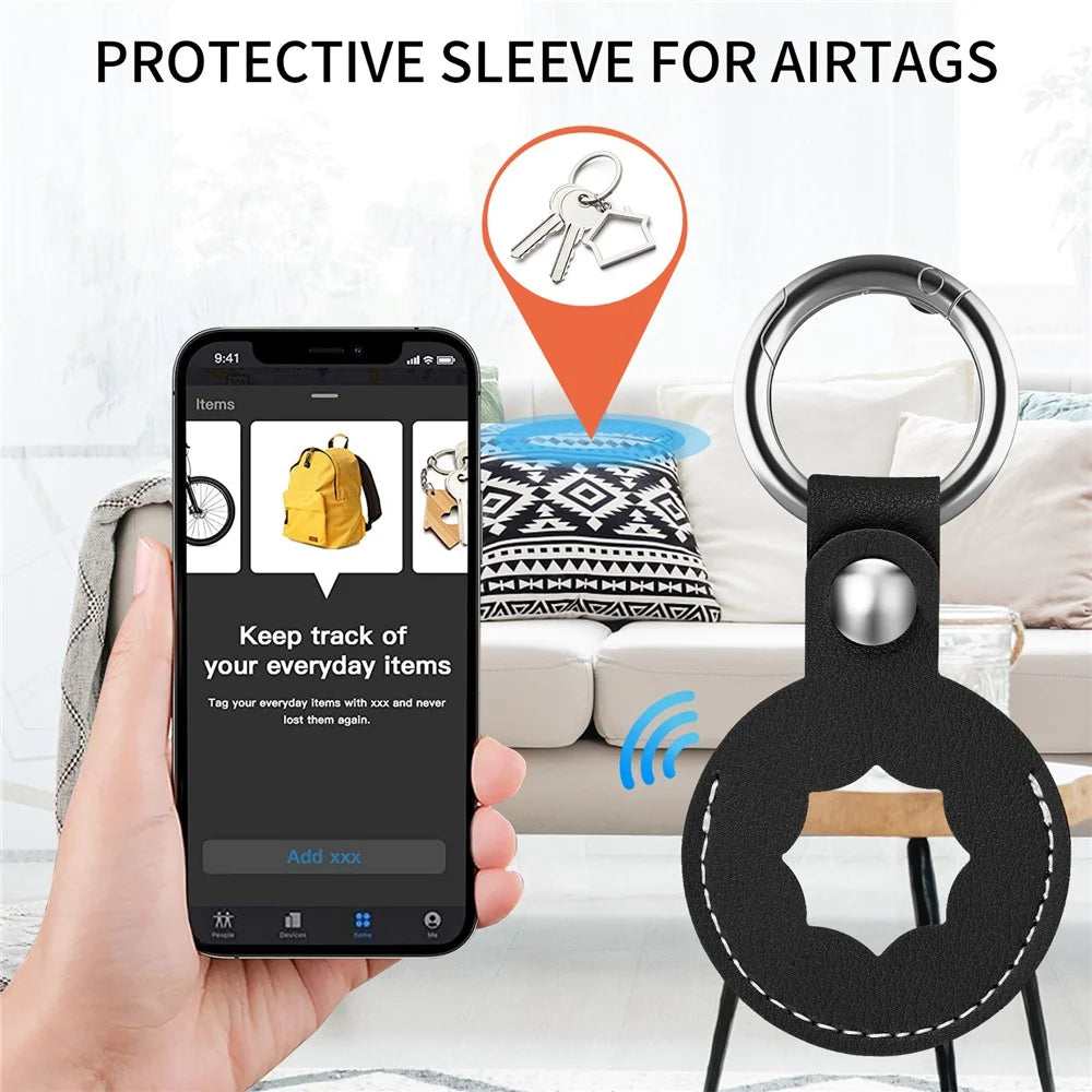 Anti-Drop Octagonal Protective PU Leather Case Cover with Ring Buckle for Apple AirTag Locator - Black - 6