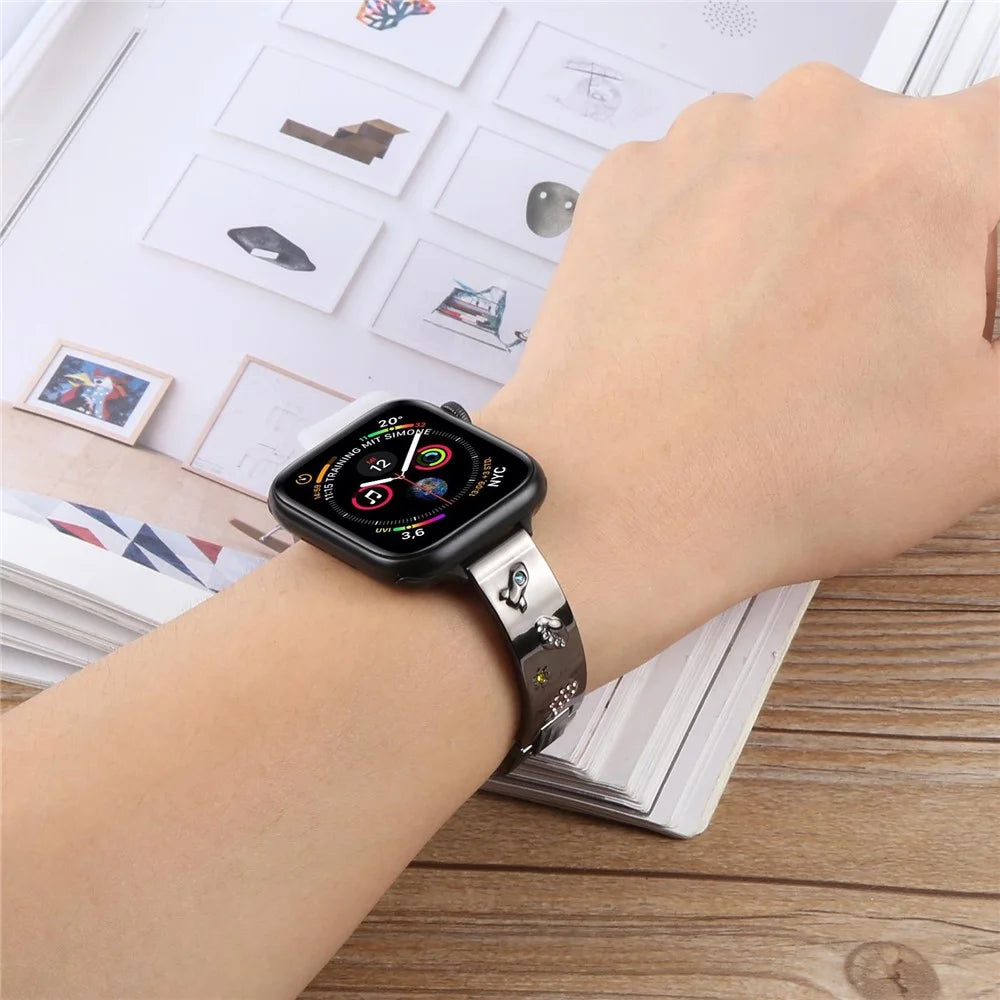 Bracelet Strap for Apple Watch Ultra 3 2 1 49mm / Series 11 10 46mm / 9 8 7 45mm / SE3 SE2 SE 6 5 4 44mm / 3 2 1 42mm Rhinestone Decor Metal Watch Band - Black - 4