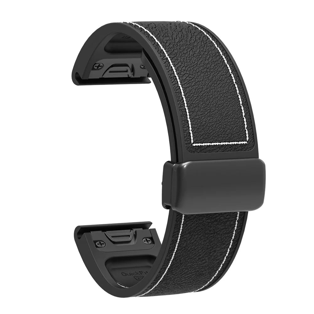 Silicone Watch Band for Garmin Fenix 8 47mm / 7 / 6 Magnetic Buckle Leather Texture Strap - Black - 1