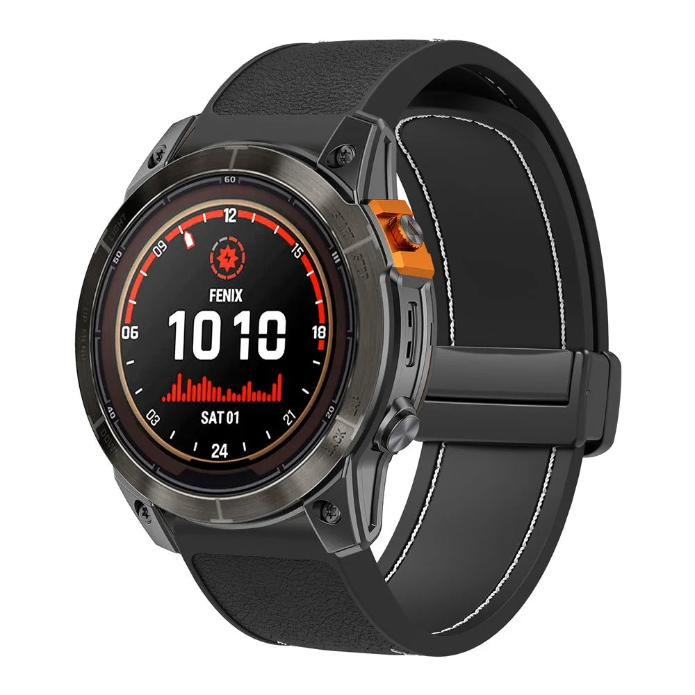 Silicone Watch Band for Garmin Fenix 7X/6X /Tactix 8 51mm AMOLED Version Magnetic Buckle Leather Texture Strap - Black - 3