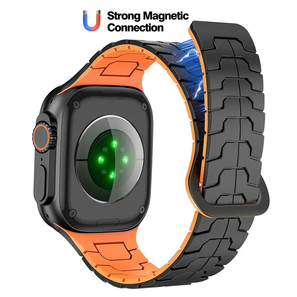 Watch Band for Apple Watch Ultra 3 2 1 49mm / Series 11 10 46mm / 9 8 7 45mm / SE3 SE2 SE 6 5 4 44mm / 3 2 1 42mm Magnetic Silicone Strap - Black+Orange - 2