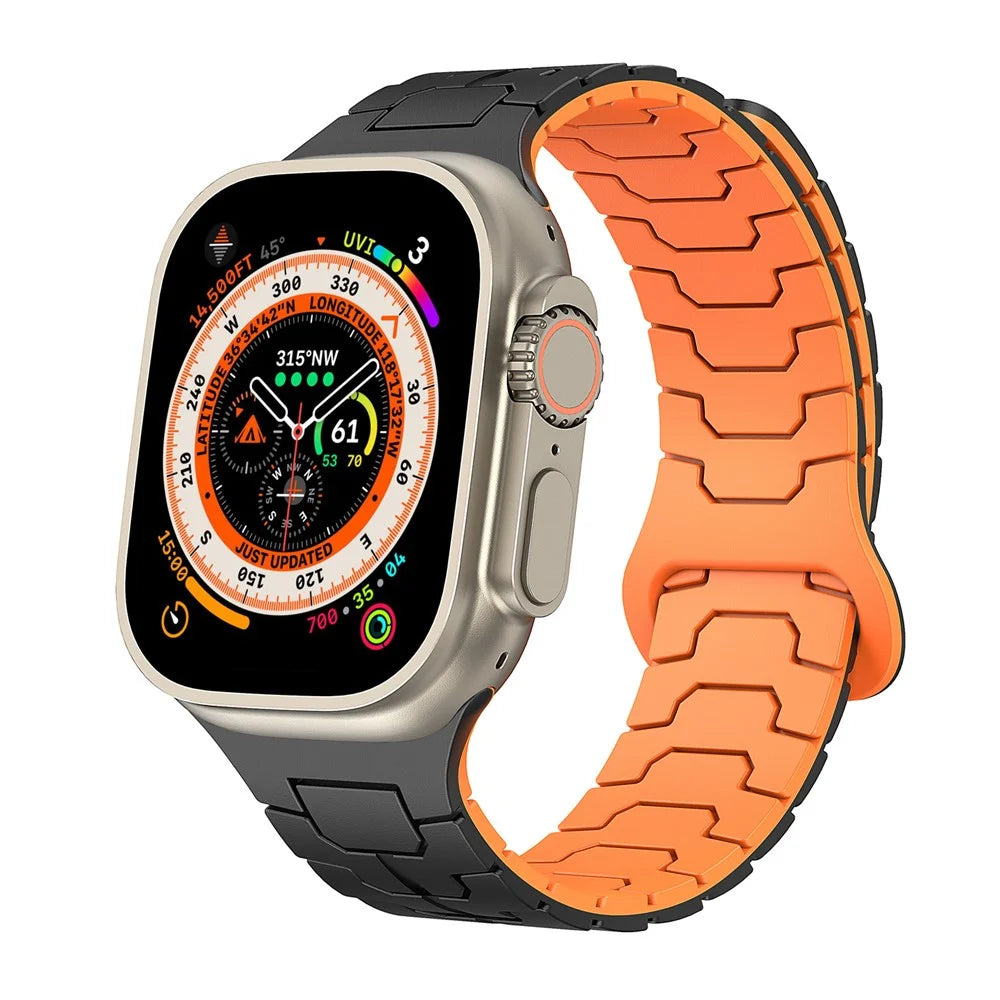 Watch Band for Apple Watch Ultra 3 2 1 49mm / Series 11 10 46mm / 9 8 7 45mm / SE3 SE2 SE 6 5 4 44mm / 3 2 1 42mm Magnetic Silicone Strap - Black+Orange - 4