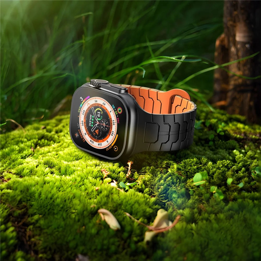 Watch Band for Apple Watch Ultra 3 2 1 49mm / Series 11 10 46mm / 9 8 7 45mm / SE3 SE2 SE 6 5 4 44mm / 3 2 1 42mm Magnetic Silicone Strap - Black+Orange - 6