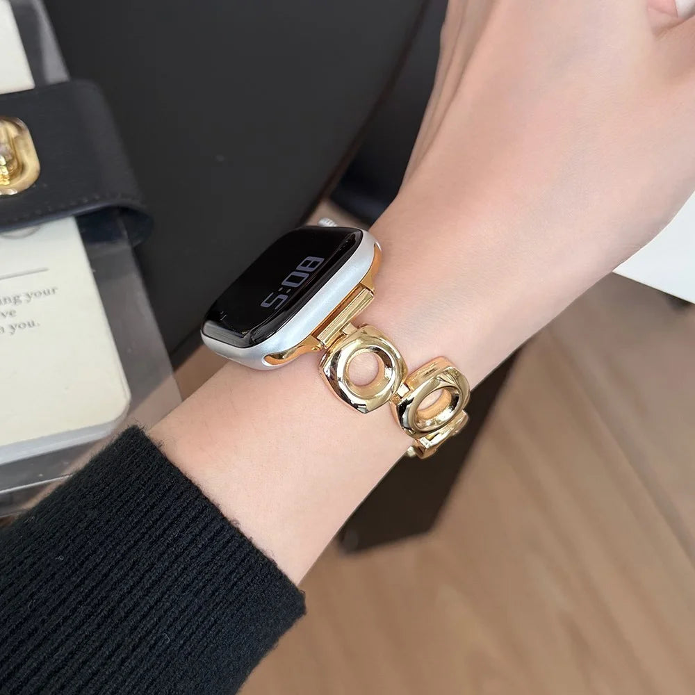 Watch Strap for Apple Watch Series 11 10 42mm / 9 87 41mm / SE3 SE2 SE 6 5 4 40mm / 3 2 1 38mm Square Round Hole Metal Bracelet Band - Gold - 3