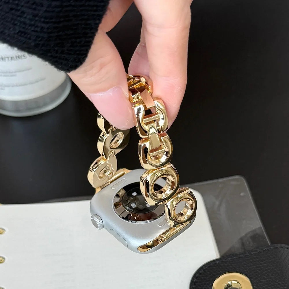 Watch Strap for Apple Watch Series 11 10 42mm / 9 87 41mm / SE3 SE2 SE 6 5 4 40mm / 3 2 1 38mm Square Round Hole Metal Bracelet Band - Gold - 5