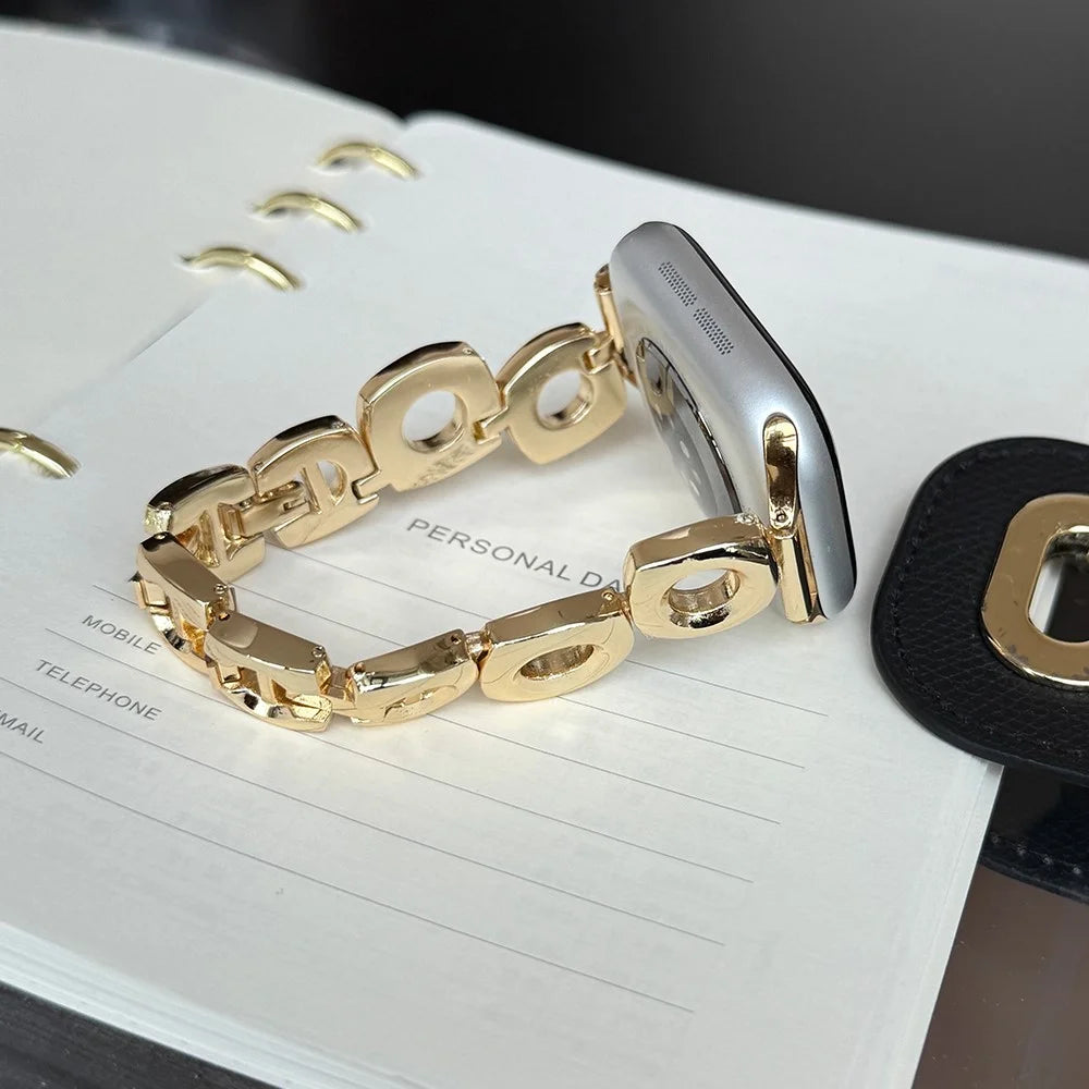 Watch Strap for Apple Watch Series 11 10 42mm / 9 87 41mm / SE3 SE2 SE 6 5 4 40mm / 3 2 1 38mm Square Round Hole Metal Bracelet Band - Gold - 6