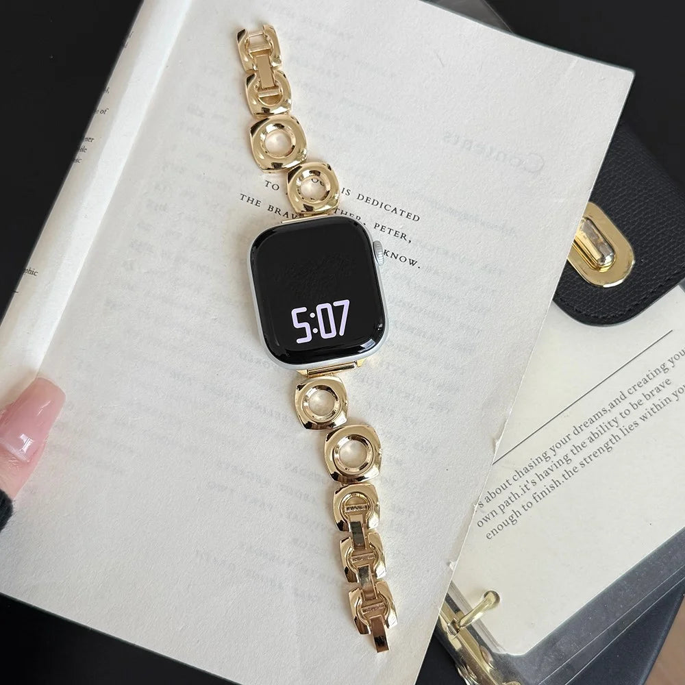 Watch Strap for Apple Watch Series 11 10 42mm / 9 87 41mm / SE3 SE2 SE 6 5 4 40mm / 3 2 1 38mm Square Round Hole Metal Bracelet Band - Gold - 7