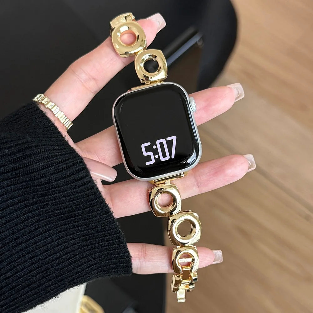 Watch Strap for Apple Watch Ultra 3 2 1 49mm / Series 11 10 46mm / 9 8 7 45mm / SE3 SE2 SE 6 5 4 44mm / 3 2 1 42mm Square Round Hole Metal Bracelet Band - Gold - 2