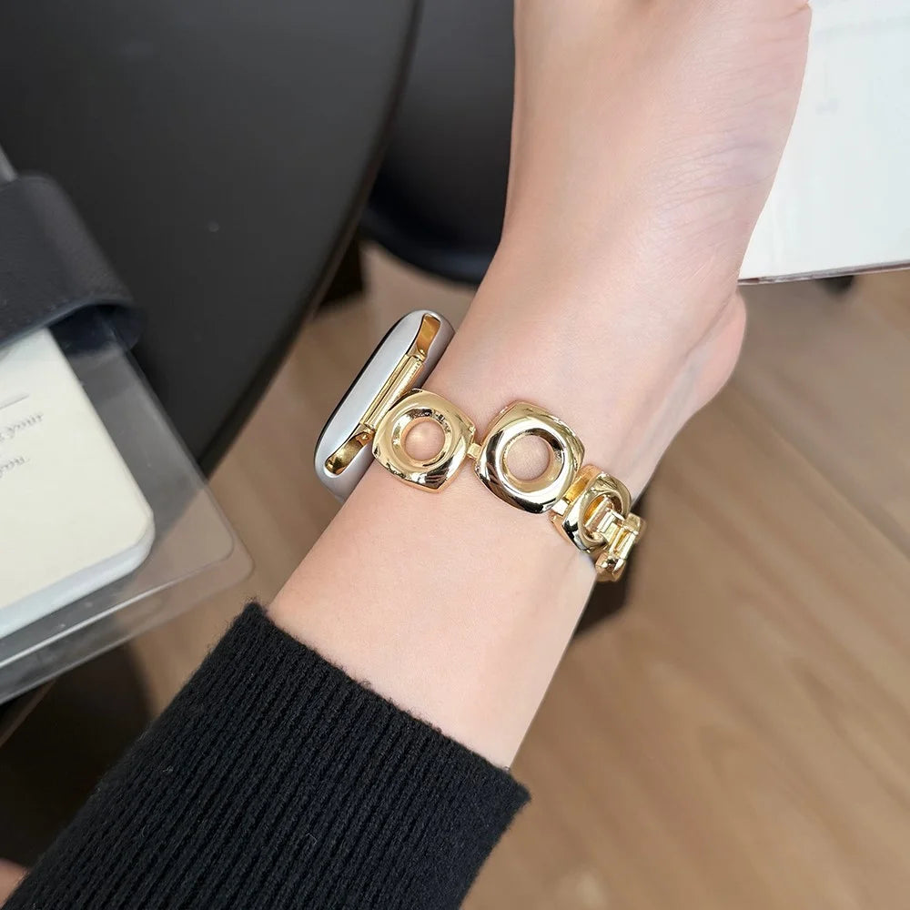 Watch Strap for Apple Watch Ultra 3 2 1 49mm / Series 11 10 46mm / 9 8 7 45mm / SE3 SE2 SE 6 5 4 44mm / 3 2 1 42mm Square Round Hole Metal Bracelet Band - Gold - 4