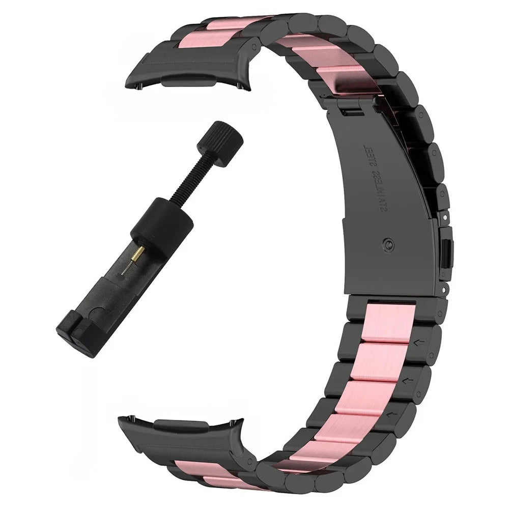 For Samsung Galaxy Watch8 40mm / 44mm Stainless Steel Watch Band Three Bead Design Strap with Disassembly Tool - Black / Pink - 1