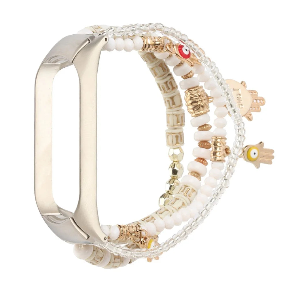 For Xiaomi Smart Band 9 / 8 Watch Strap Beaded Bracelet Wrist Band with Protective Case - White - 1