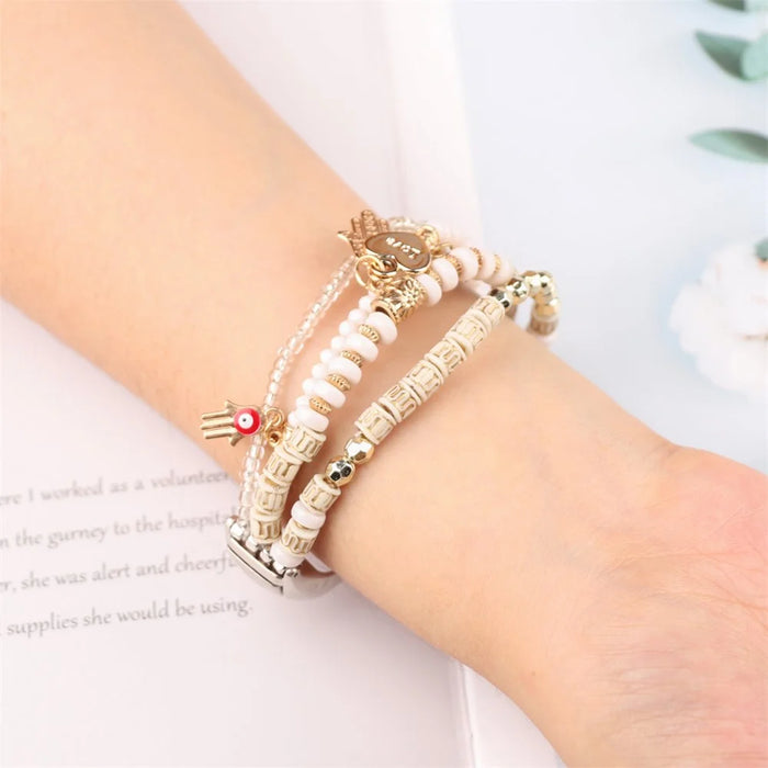 For Xiaomi Smart Band 9 / 8 Watch Strap Beaded Bracelet Wrist Band with Protective Case - White - 3
