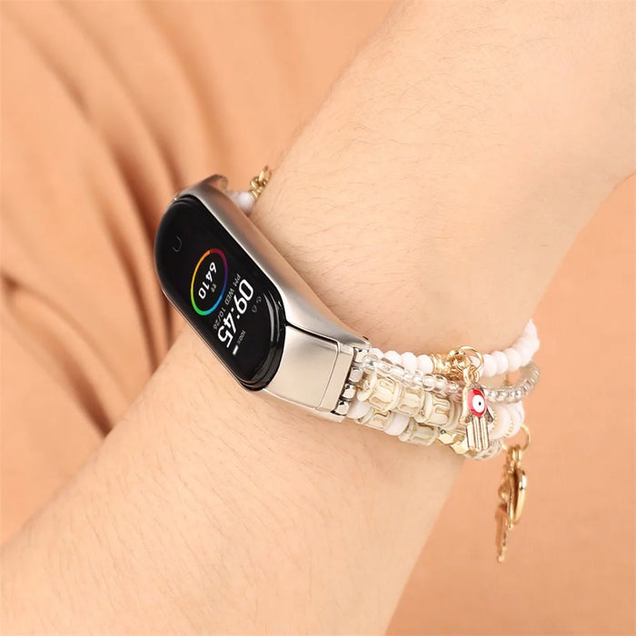 For Xiaomi Smart Band 9 / 8 Watch Strap Beaded Bracelet Wrist Band with Protective Case - White - 4