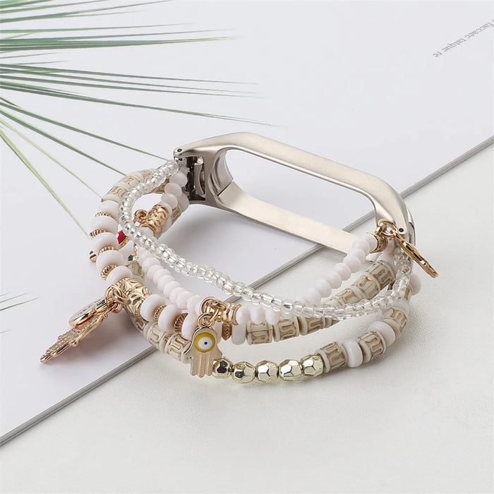 For Xiaomi Smart Band 9 / 8 Watch Strap Beaded Bracelet Wrist Band with Protective Case - White - 6
