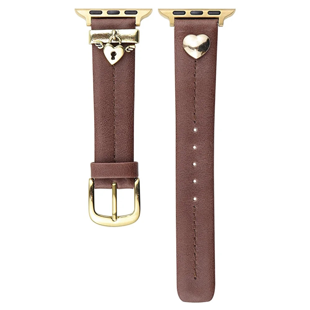 Wrist Strap for Apple Watch Series 11 10 42mm / 9 87 41mm / SE3 SE2 SE 6 5 4 40mm / 3 2 1 38mm Heart Pendant Leather Watch Band - Coffee / Gold Buckle - 1