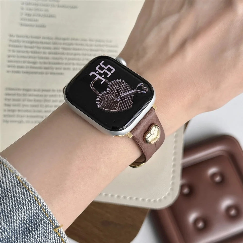 Wrist Strap for Apple Watch Series 11 10 42mm / 9 87 41mm / SE3 SE2 SE 6 5 4 40mm / 3 2 1 38mm Heart Pendant Leather Watch Band - Coffee / Gold Buckle - 4