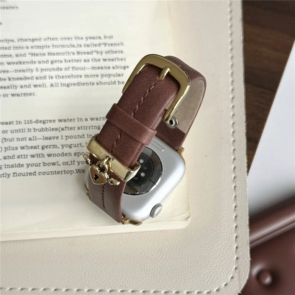 Wrist Strap for Apple Watch Series 11 10 42mm / 9 87 41mm / SE3 SE2 SE 6 5 4 40mm / 3 2 1 38mm Heart Pendant Leather Watch Band - Coffee / Gold Buckle - 5