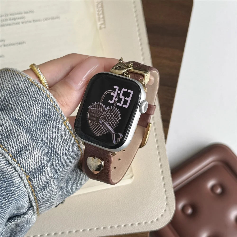 Wrist Strap for Apple Watch Series 11 10 42mm / 9 87 41mm / SE3 SE2 SE 6 5 4 40mm / 3 2 1 38mm Heart Pendant Leather Watch Band - Coffee / Gold Buckle - 6