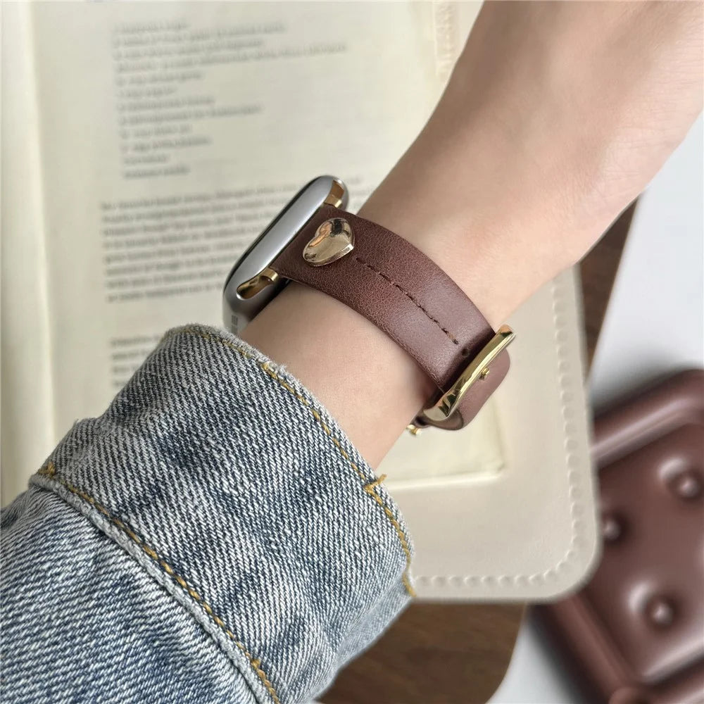 Wrist Strap for Apple Watch Ultra 3 2 1 49mm / Series 11 10 46mm / 9 8 7 45mm / SE3 SE2 SE 6 5 4 44mm / 3 2 1 42mm Heart Pendant Leather Watch Band - Coffee / Gold Buckle - 3