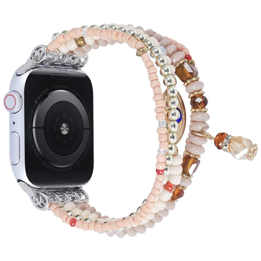 Watch Strap for Apple Watch Series 11 10 42mm / 9 87 41mm / SE3 SE2 SE 6 5 4 40mm / 3 2 1 38mm Eye Design Beads Bracelet Wrist Band - Pink - 1