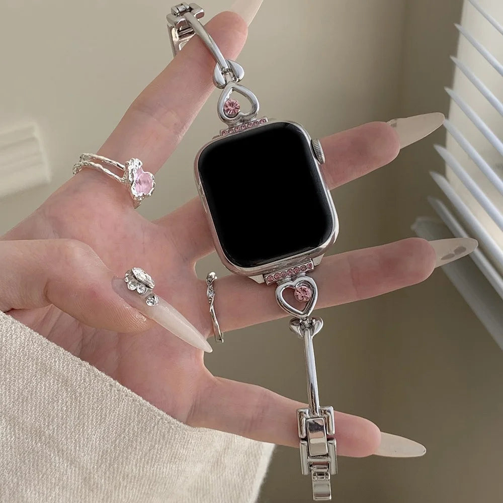Bracelet Strap for Apple Watch Series 11 10 42mm / 9 8 7 41mm / SE3 SE2 SE 6 5 4 40mm / 3 2 1 38mm Love Heart Rhinestone Metal Watch Band - Pink Rhinestone - 2