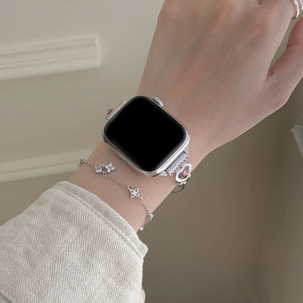 Bracelet Strap for Apple Watch Series 11 10 42mm / 9 8 7 41mm / SE3 SE2 SE 6 5 4 40mm / 3 2 1 38mm Love Heart Rhinestone Metal Watch Band - Pink Rhinestone - 4